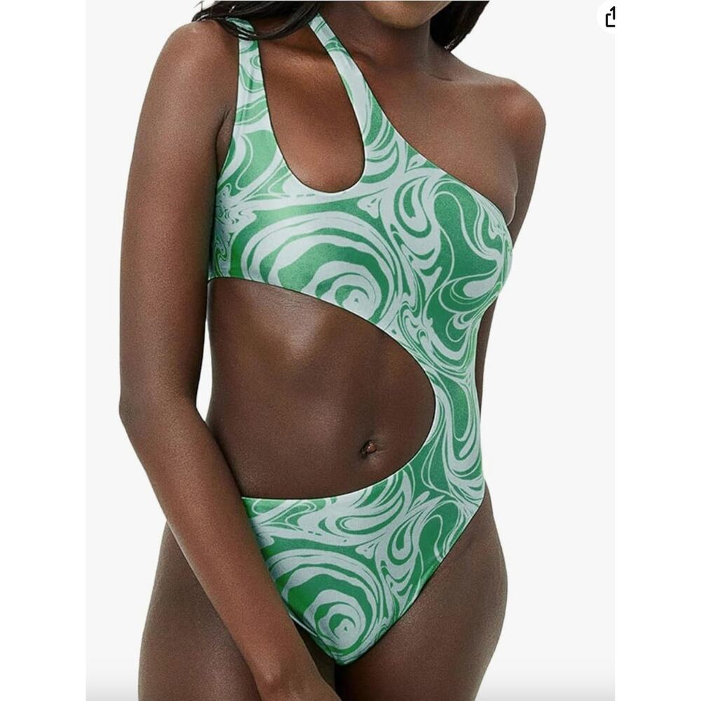 NWOT One Piece Swimsuit Green Retro One Shoulder Cutouts S